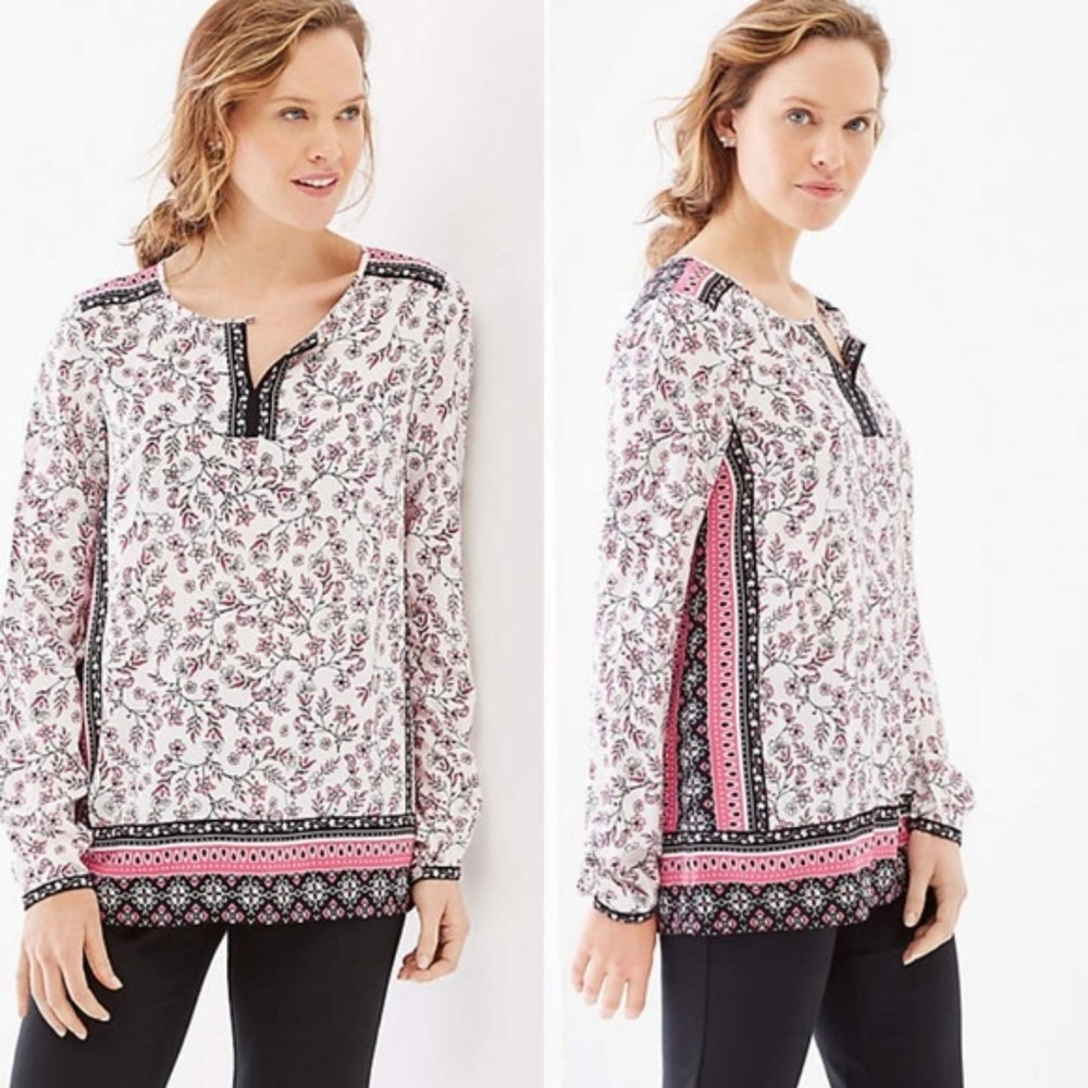 J. Jill women M border print rayon top blouse long sleeve v-neck boho peasant
